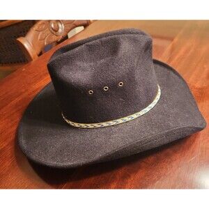 Western Express Inc. Black Felt Cattleman Cowboy Hat w/ Blue Gold Band Sz 7 1/4